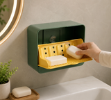 Wall Mounted Self Draining Soap Holder, Flip Cover Soap Holder with Drain Tray, Bathroom Soap Organizer with Drain Tray