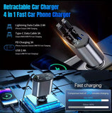 120W Retractable Car Charger, 4 in 1 USB Fast Charger, Type C/iPhone Cable Car Charger, 4 in 1 Power Adapter, 2 USB Ports Car Charger