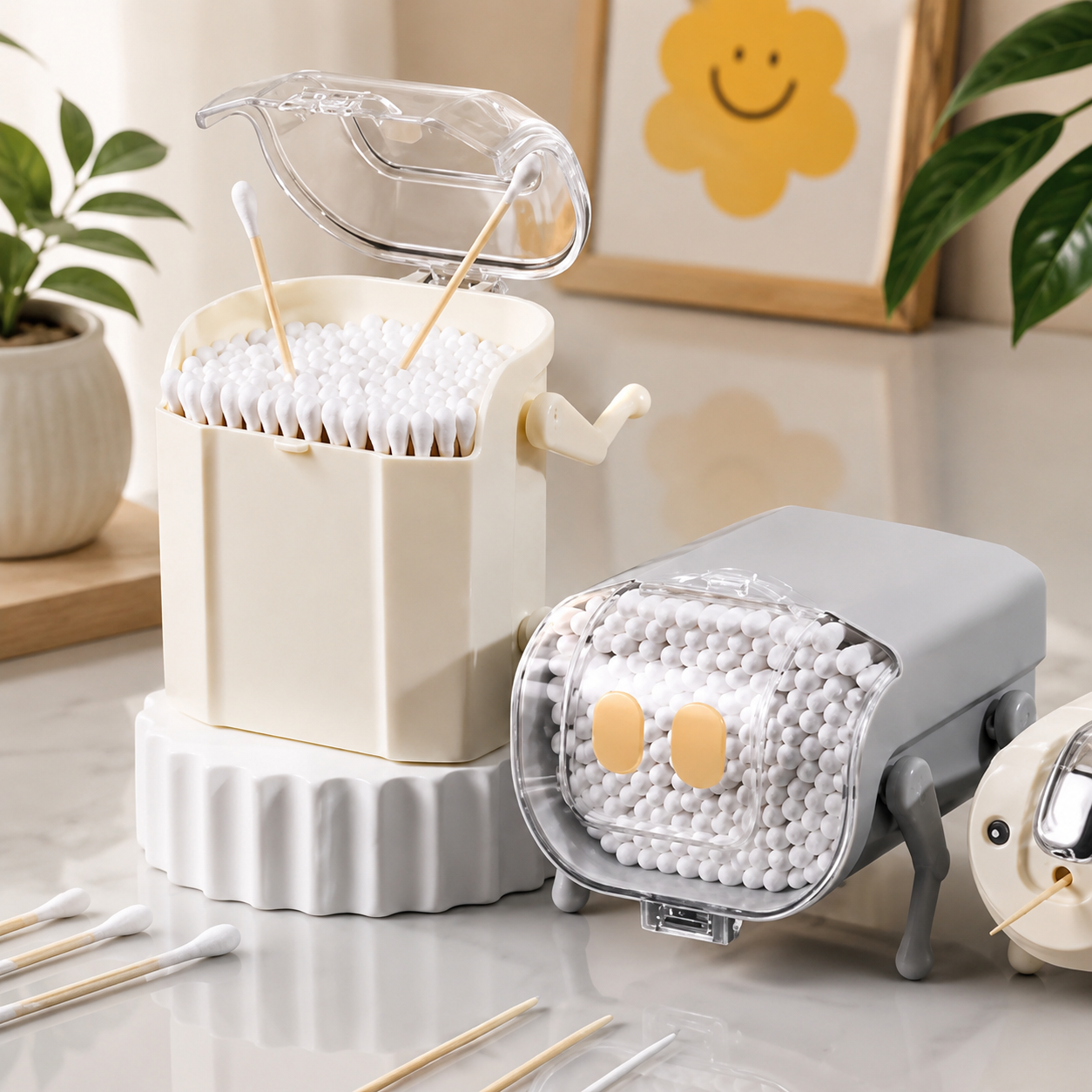 Mini Robot Style Cotton Swab Dispenser, Cotton Bud Storage Organizer, Mini Desktop Cotton Bud Dispenser