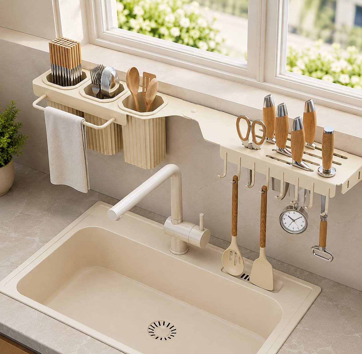 Wall Mounted Over The Sink Organizer Rack, Kitchen Storage Shelf with Knife Holder, Utensil Caddy And Hanging Hooks Rotatable Kitchen Shelf