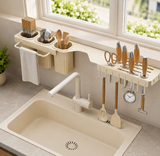 Wall Mounted Over The Sink Organizer Rack, Kitchen Storage Shelf with Knife Holder, Utensil Caddy And Hanging Hooks Rotatable Kitchen Shelf