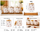 Ceramic Canister Set with Wooden Lid And Tray, Vintage Cherry Dot Canister Set, Ceramic Cherry Canister with Bamboo Lid