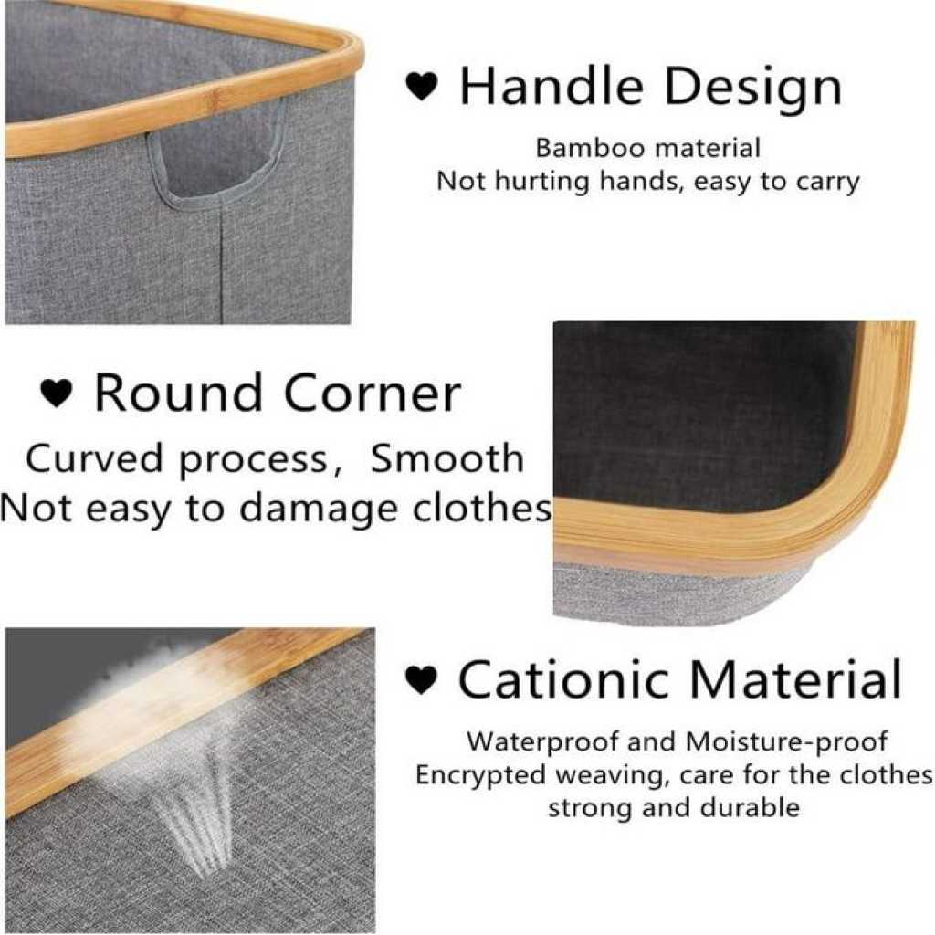 Bamboo Frame Foldable Laundry Basket, Wooden Handel Laundry Hamper, Lightweight Bathroom Laundry Basket