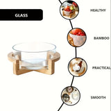 Multipurpose Glass Bowl with Bamboo Wooden Stand | 2100ml Modern Serving Bowl for Salad, Fruit & Snacks