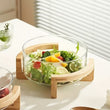 Multipurpose Glass Bowl with Bamboo Wooden Stand | 2100ml Modern Serving Bowl for Salad, Fruit & Snacks