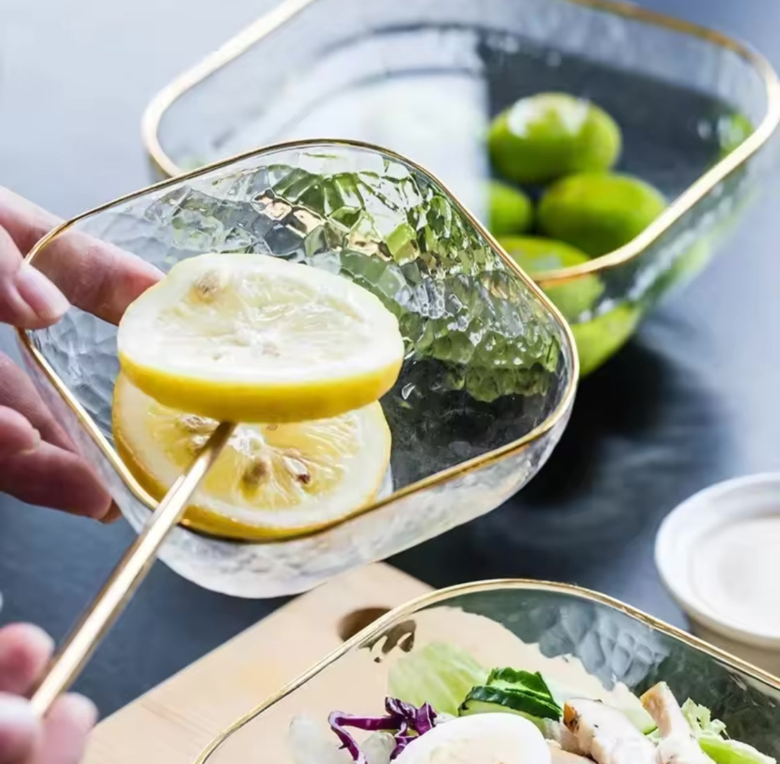 Nordic Golden Border Salad Bowl, Transparent Glass Fruit Plate, Dessert Round Square Bowl