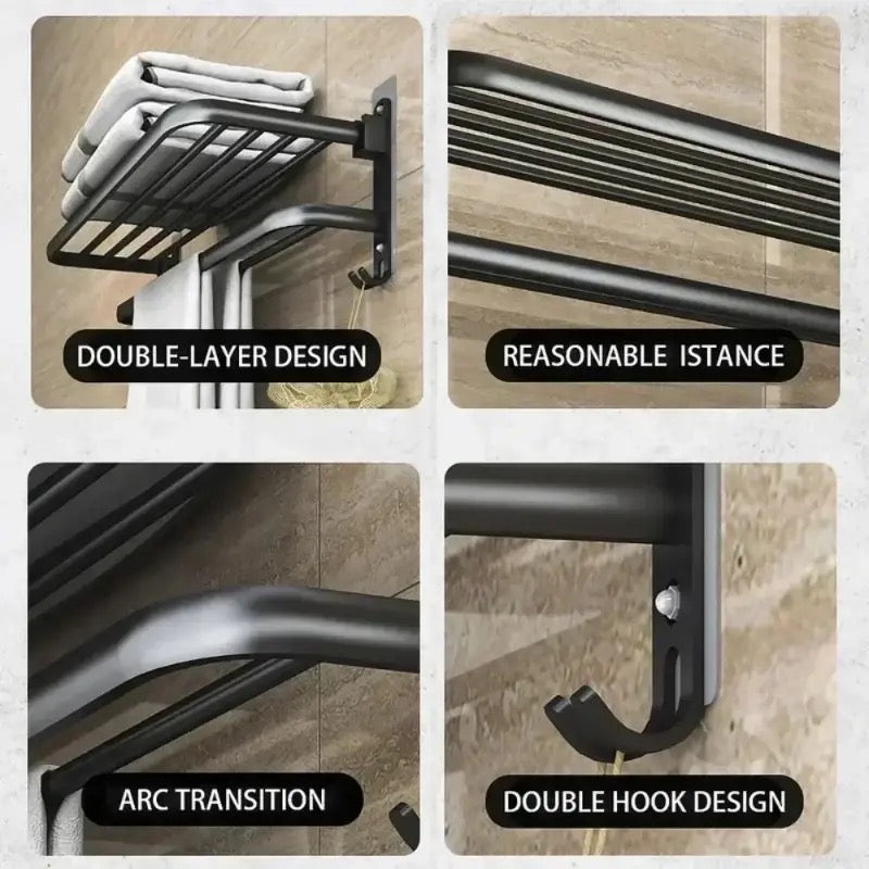 Double Folding Bath Towel Holder, Wall Matte Black Towel Rack, Bath Accessories Organizer, Self Adhesive Towel Bar, Aluminum Alloy Towel Rack, Kitchen Bathroom Shelves with Double Bar, Multifunction Double Towel Bracket