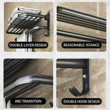 Double Folding Bath Towel Holder, Wall Matte Black Towel Rack, Bath Accessories Organizer, Self Adhesive Towel Bar, Aluminum Alloy Towel Rack, Kitchen Bathroom Shelves with Double Bar, Multifunction Double Towel Bracket