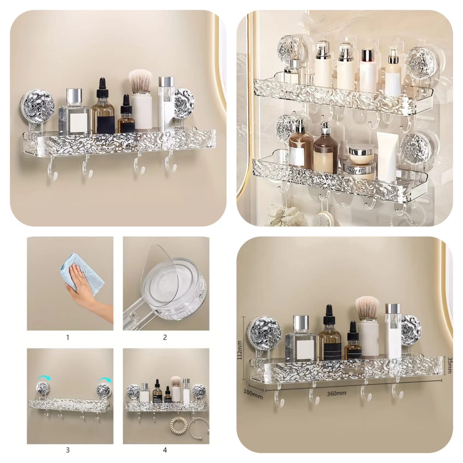 Suction Cup Bathroom Shelf, Wall Mounted Bathroom Storage Organizer, Transparent Bathroom Storage Rack