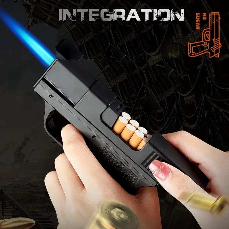 AMT Pistol Lighter, 10Pcs Regular Cigarette Case with Lighter, Metal Turbo Gun Lighter, Windproof Cigar Lighter, Inflatable Lighter With Cigarette Case, Cigarette Storage Jet Flame Lighter