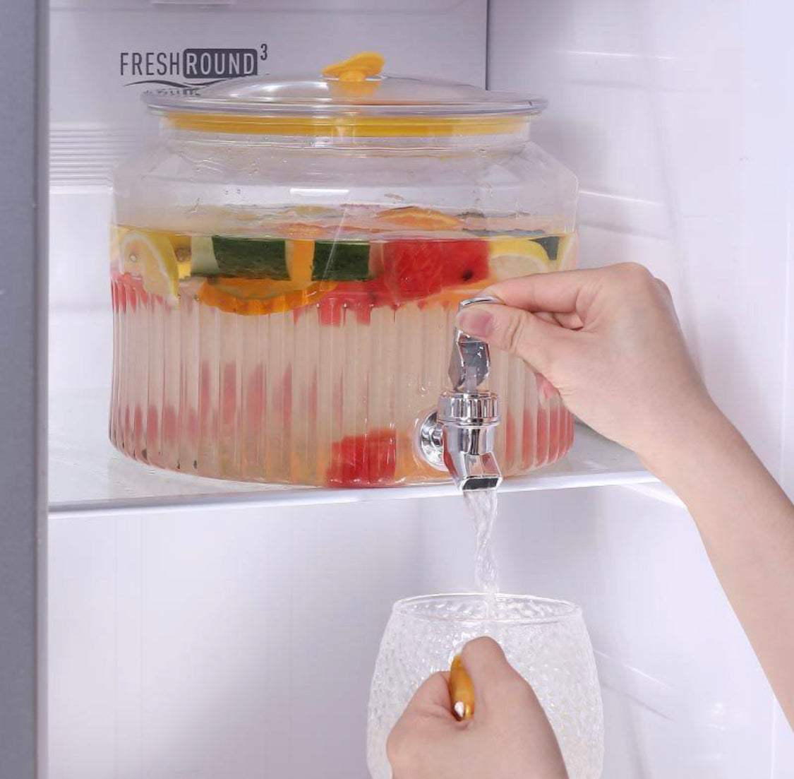 Acrylic Round Juice Container, Pot Beverage Dispenser, Fridge Juice Dispenser, Buffet Beverage Container, Juice Dispenser