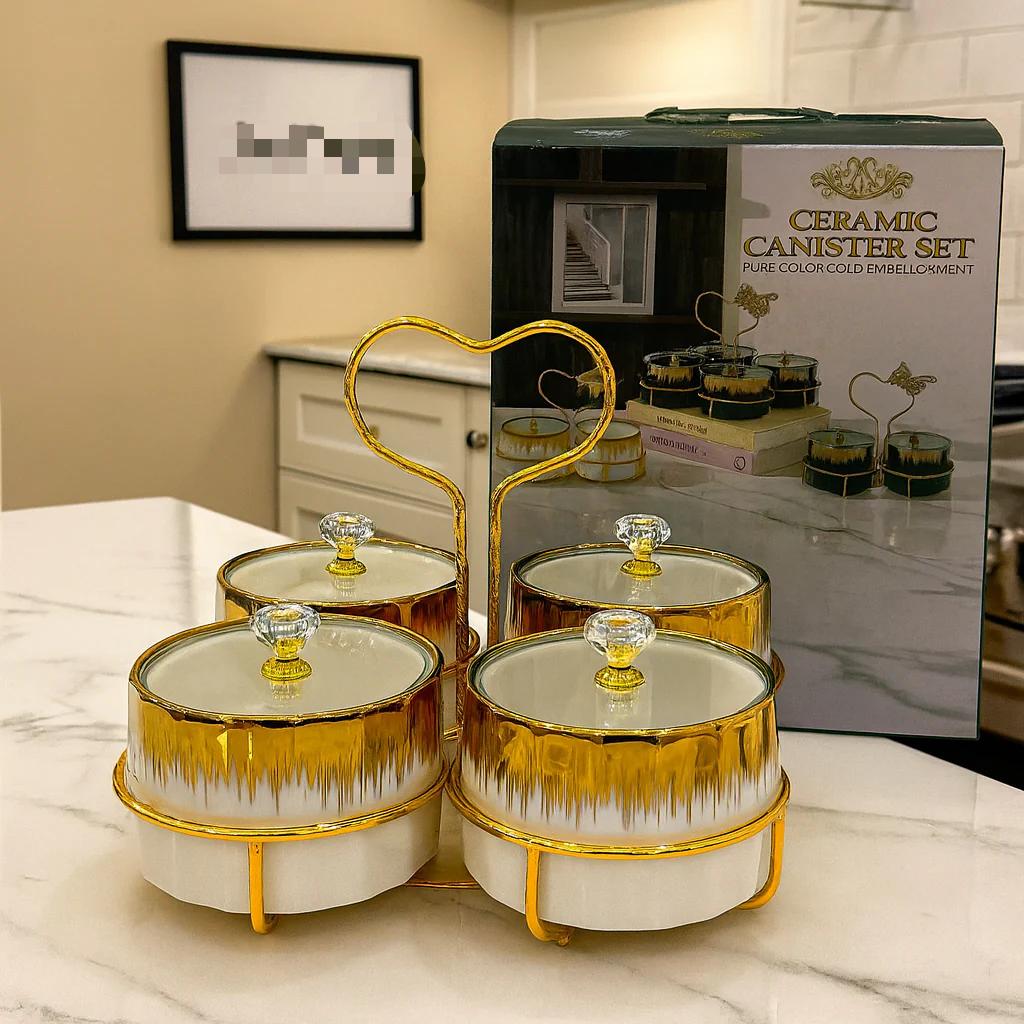 Ceramic Canister Set With Golden Stand, Luxury Style Serving Bowls, Ceramic Serving Bowls