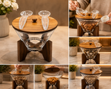 Wooden Stand Glass Salad Bowl, Luxury Glass Salad Serving Bowl, Elegant Glass Salad Bowl With Wooden Base