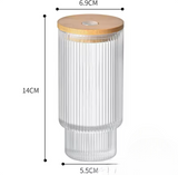 Transparent Strip Glass Cup With Bamboo Lid, Stackable Coffee Glass Cup, Reusable Smoothie Drinking Glass With Straw