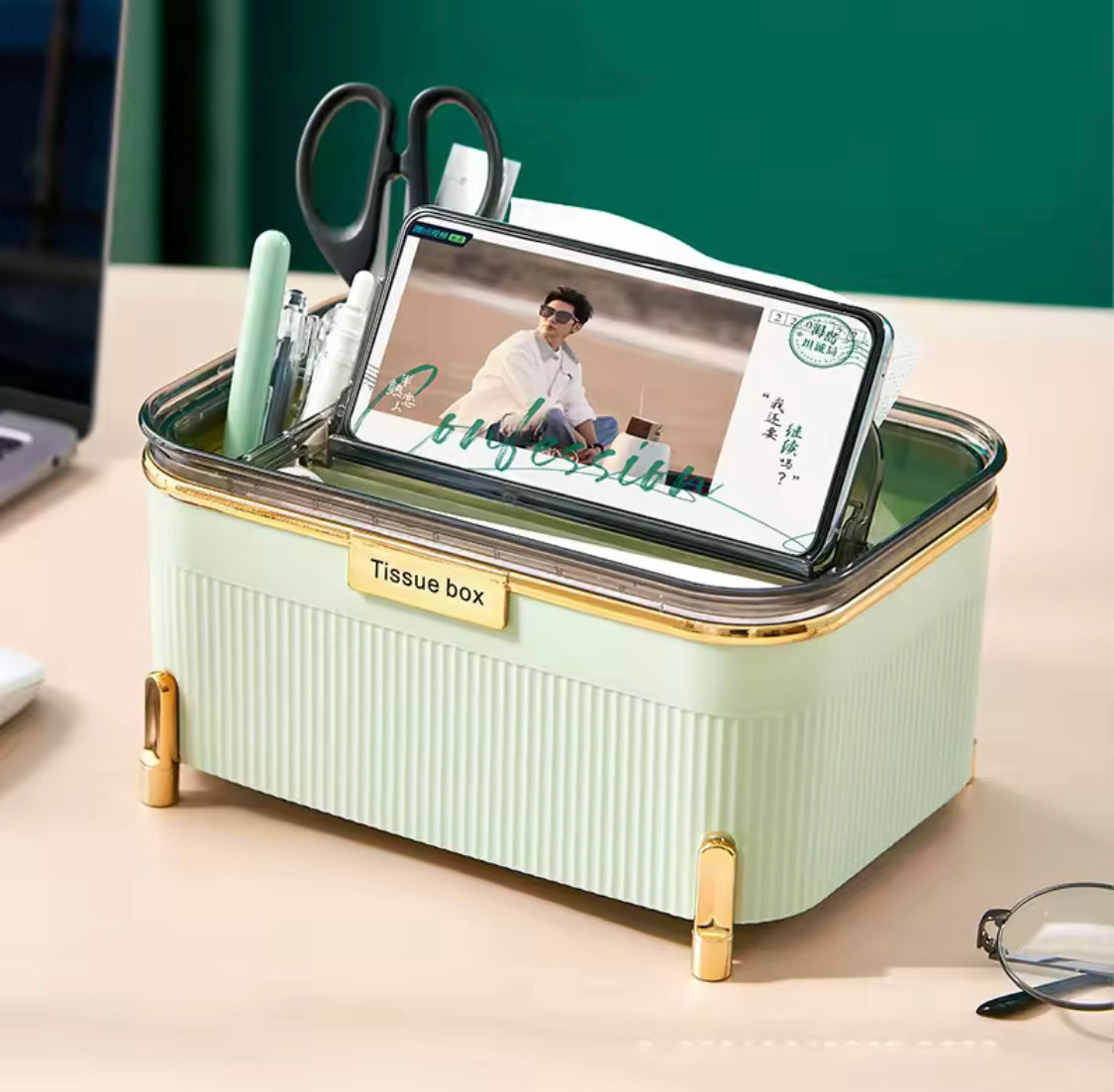 Light Luxury Living Room Tissue Box, Desktop Tissue Box With Mobile Phone Holder, Multifunctional Bathroom Tissue Storage Box