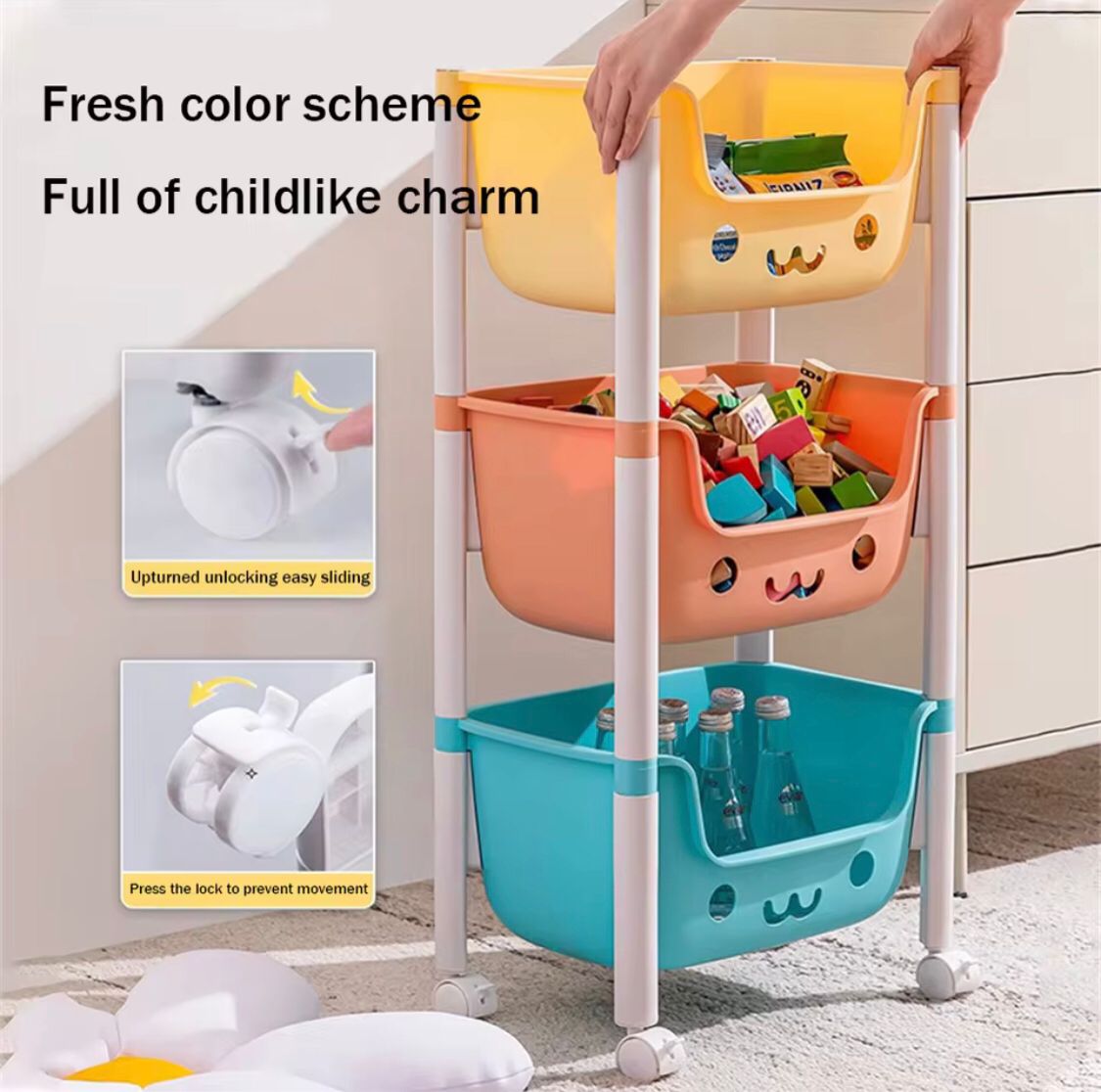 3 Layer Bookshelf Kids Trolley, Moveable Trolley For Toys, Kids Bathroom Accessories Trolley Organizer