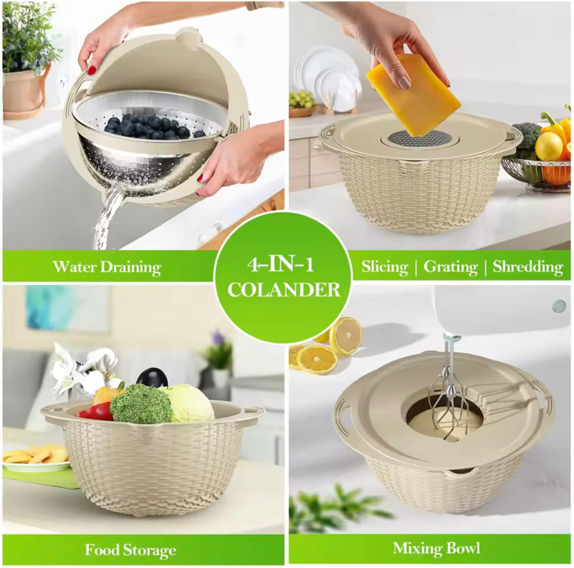 4 In 1 Colander With Lid Set, Rotatable Strainer With Bowl, Multipurpose Mixing And Strainer Set, Multipurpose Grater Colander Basket
