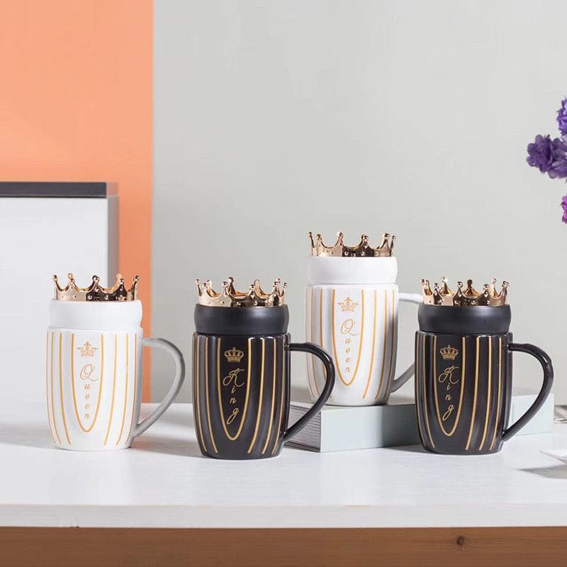 King Queen Couple Mug, Elegant Ceramic Mugs With Crown Lid, King and Queen Camping Ceramic Coffee Mugs