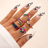 Set Of 5 Colorful Crystal Geometric Rings, Butterfly Flower Charm Finger Ring Jewellery, Crystal Stone Inlaid Brick Ring Set for Women, Multicolor Stone Butterfly Ring Set