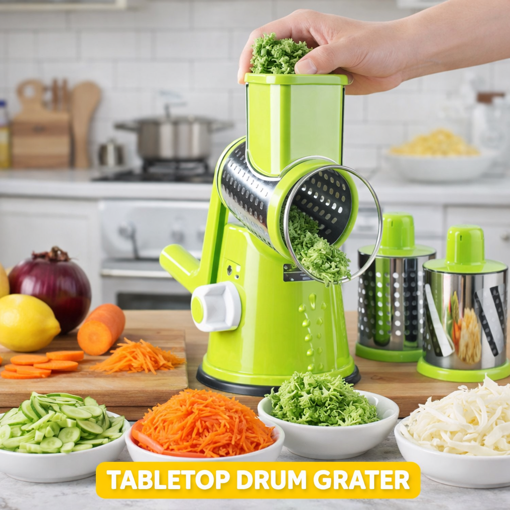 3 in 1 Vegetable Cutter – Multifunctional Rotary Drum Slicer, Cheese Grater & Peeler