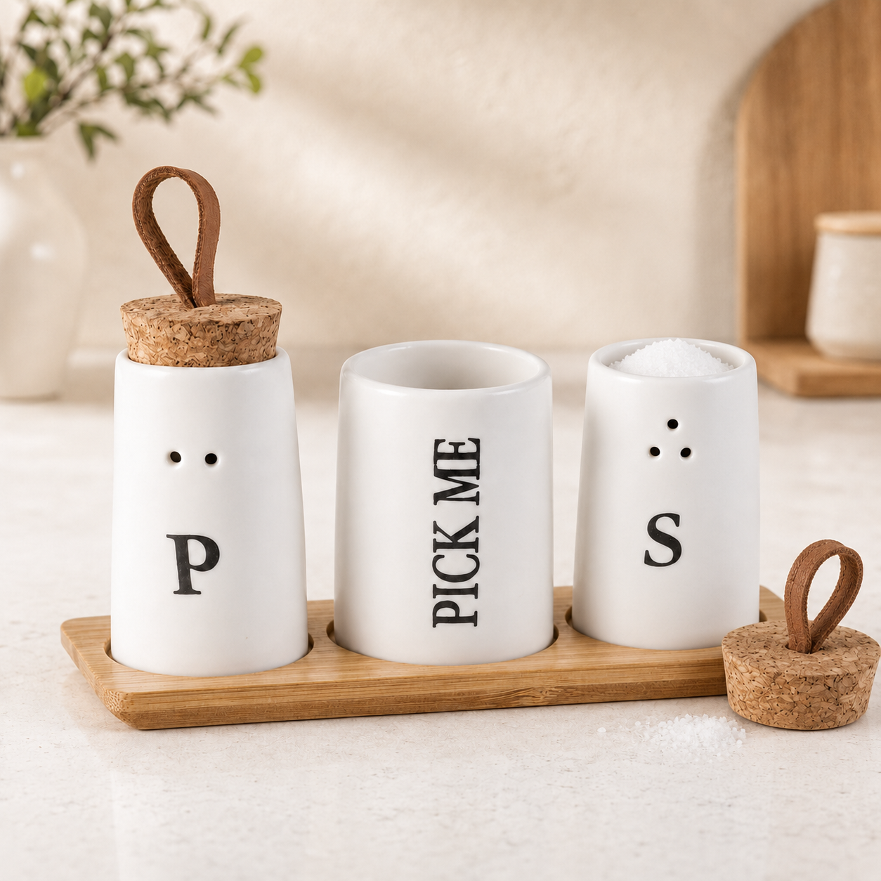 3-in-1 Ceramic Salt & Pepper Shaker Set with Toothpick Holder & Bamboo Tray | Modern Kitchen Seasoning Organizer