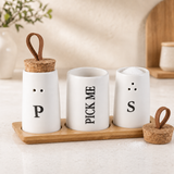 3-in-1 Ceramic Salt & Pepper Shaker Set with Toothpick Holder & Bamboo Tray | Modern Kitchen Seasoning Organizer