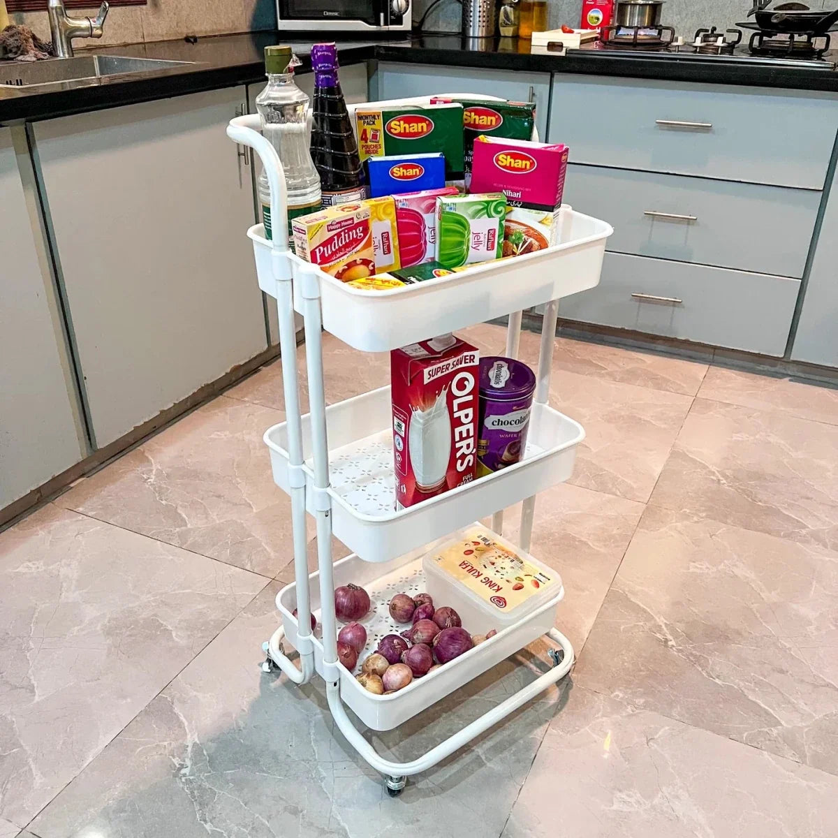 3-Tier Metal Rolling Storage Cart – Multipurpose Utility Organizer with Wheels