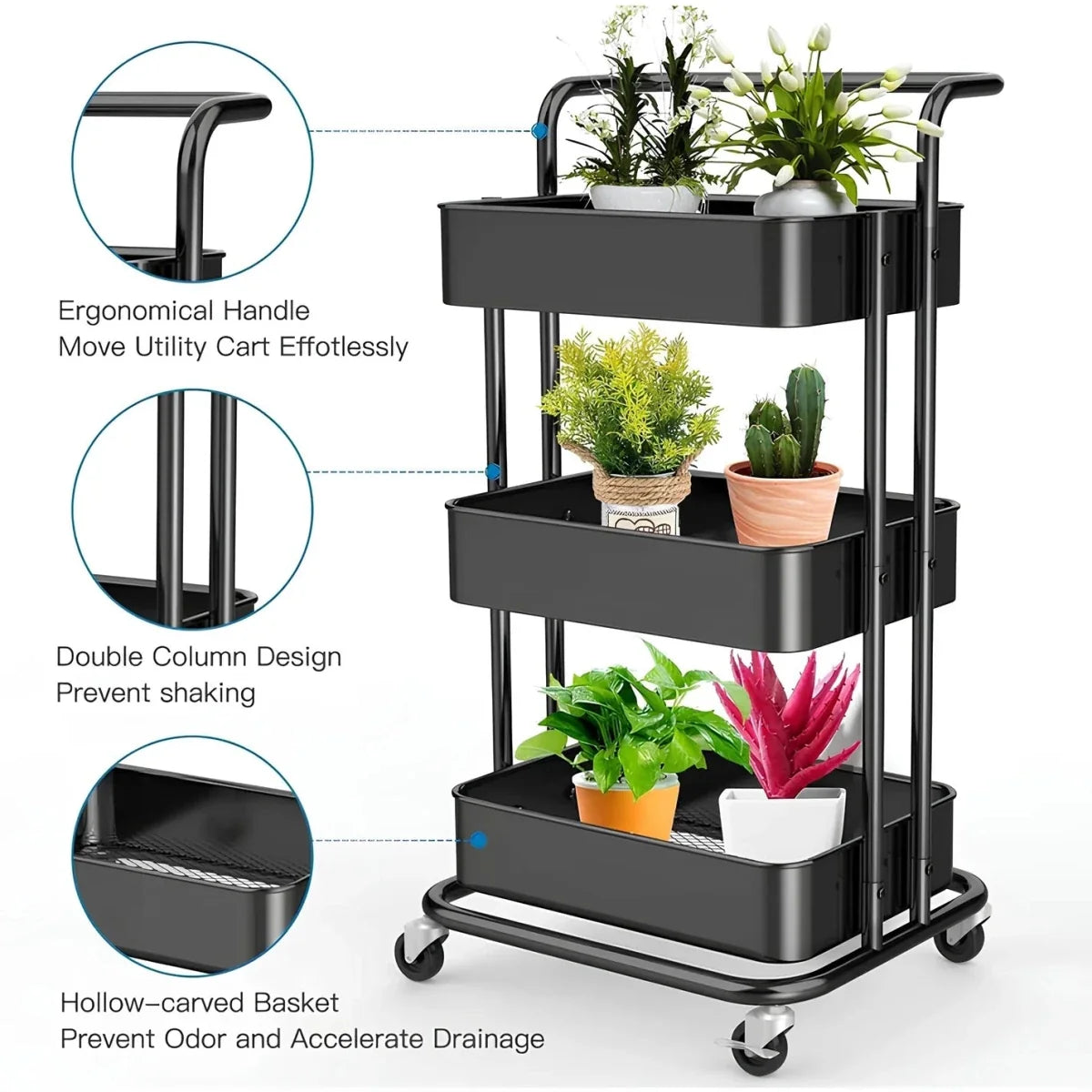 3-Tier Metal Rolling Storage Cart – Multipurpose Utility Organizer with Wheels