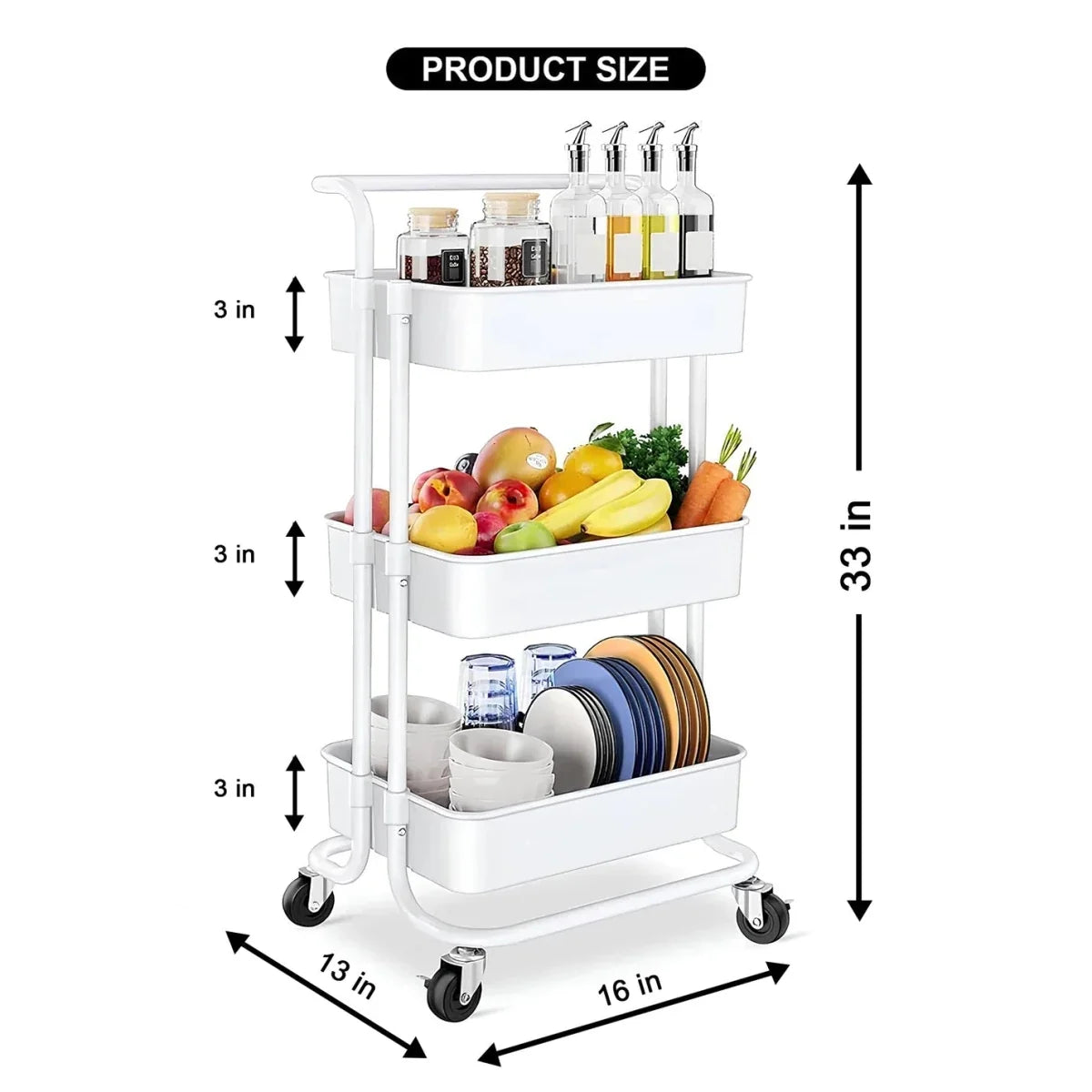 3-Tier Metal Rolling Storage Cart – Multipurpose Utility Organizer with Wheels