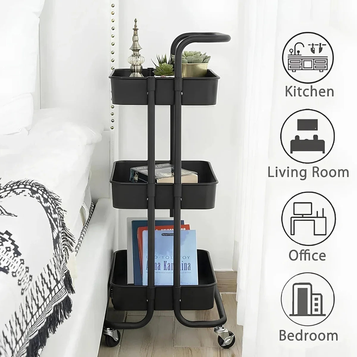 3-Tier Metal Rolling Storage Cart – Multipurpose Utility Organizer with Wheels