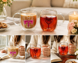 Double Wall Glass Coffee Mug, Transparent Heart & Bow Coffee Mugs, Cute Decorative Glass Tea Cup