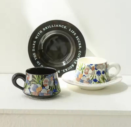 Vintage Painting Style Ceramic Mug With Saucer, Ceramic Cup With Steel Spoon, 1Pc Coffee Glass