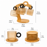 6pcs Ribbed Glass Cups with Bamboo Stand, Countertop Glass Mug Holder And Coaster Set, Fluted Glass Mugs with Bamboo Rack