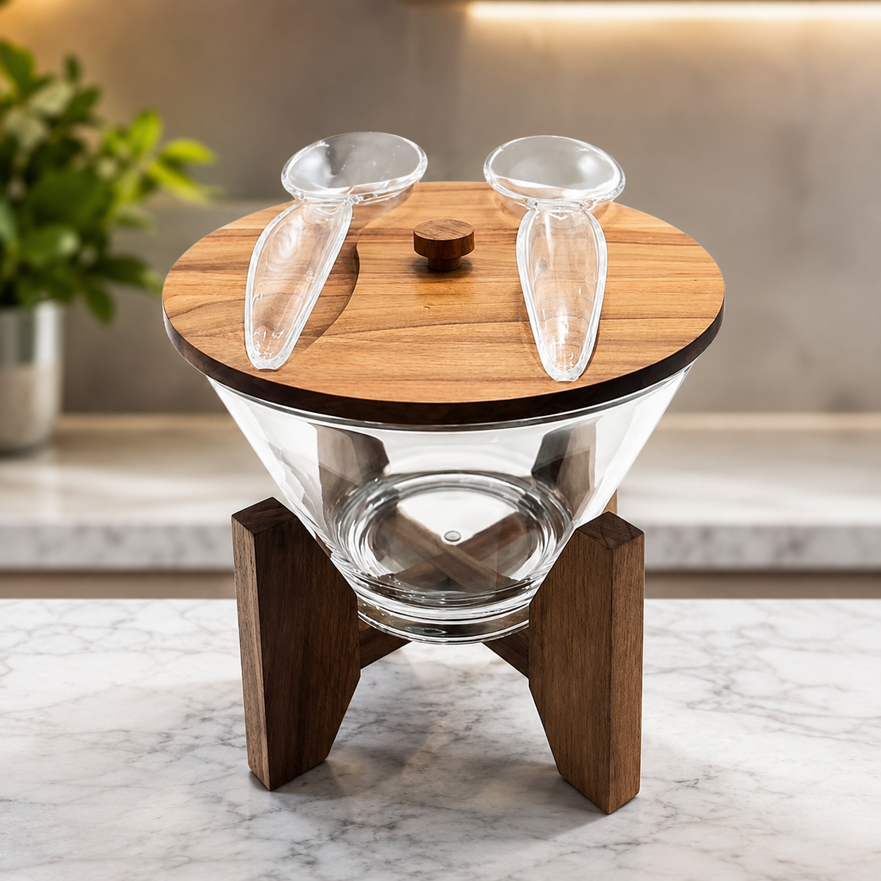 Wooden Stand Glass Salad Bowl, Luxury Glass Salad Serving Bowl, Elegant Glass Salad Bowl With Wooden Base