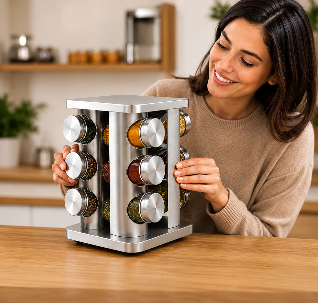 Stainless Steel 360° Rotating Spice Rack Organizer, Countertop Spice Rack with Rotating Base, Revolving Spice Rack with 12 Glass Jars, Space Saving Spice Rack Organizer, Kitchen Spice Carousel With Refillable Jars