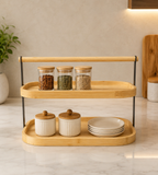 2 Tier Bamboo Kitchen Organizer, Nordic Bamboo Counter Rack, Multifunctional Serving Platter with Handle, Two Tier Serveware Tray
