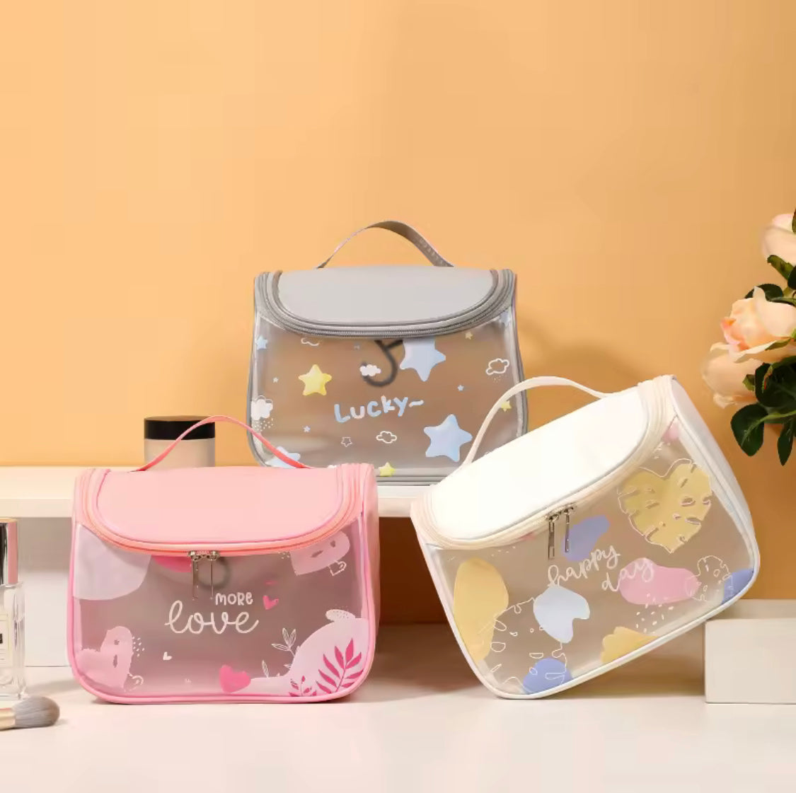 Waterproof Girly Print Toiletry Bag, Large Capacity Transparent Cosmetic Bag With Hook, Travel Portable Makeup Organizer Bag