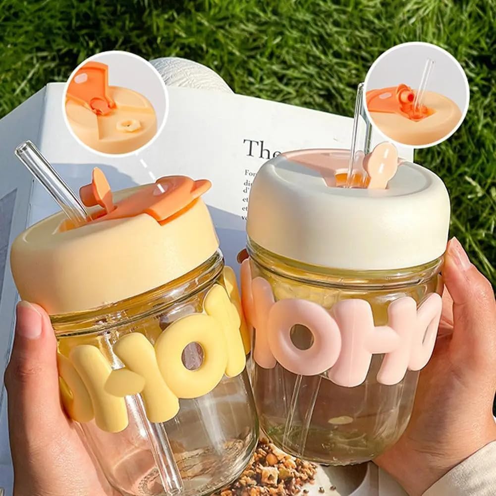 350ml Cute Glass Sipper with Lid, Straw & Pearl Chain | Transparent Glass Heat Resistant Water Bottle With Pearl Bracelet | Kids & Girls Water/Juice Cup
