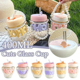 350ml Cute Glass Sipper with Lid, Straw & Pearl Chain | Transparent Glass Heat Resistant Water Bottle With Pearl Bracelet | Kids & Girls Water/Juice Cup