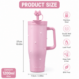 PearlMist 40oz Insulated Tumbler,     Cute Ribbon Style Thermal Cup, Large Capacity Aesthetic Water Cup with Handle