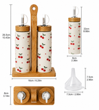 2pcs Ceramic Oil And Vinegar Dispenser Set, Cherry Print Ceramic Oil Dispenser with Bamboo Stand, Oil Vinegar Cruet Set Bamboo Holder