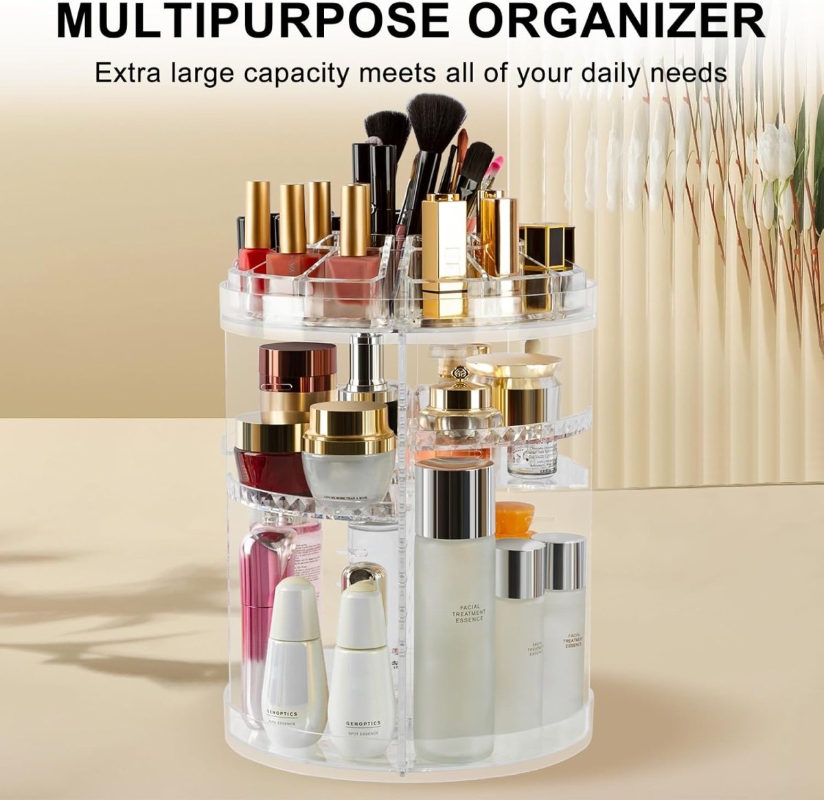 360° Rotating Acrylic Makeup Organizer Stand – Multi-Layer Cosmetic Storage