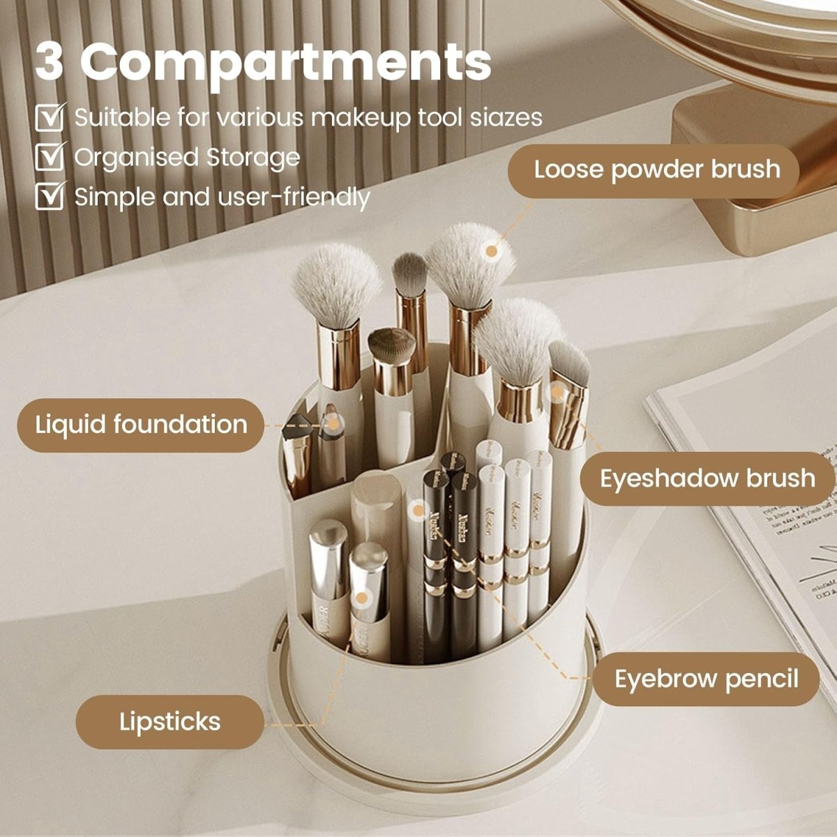 360° Rotating Dustproof Makeup Brush Organizer | Luxury Crystal Spinning Brush Holder