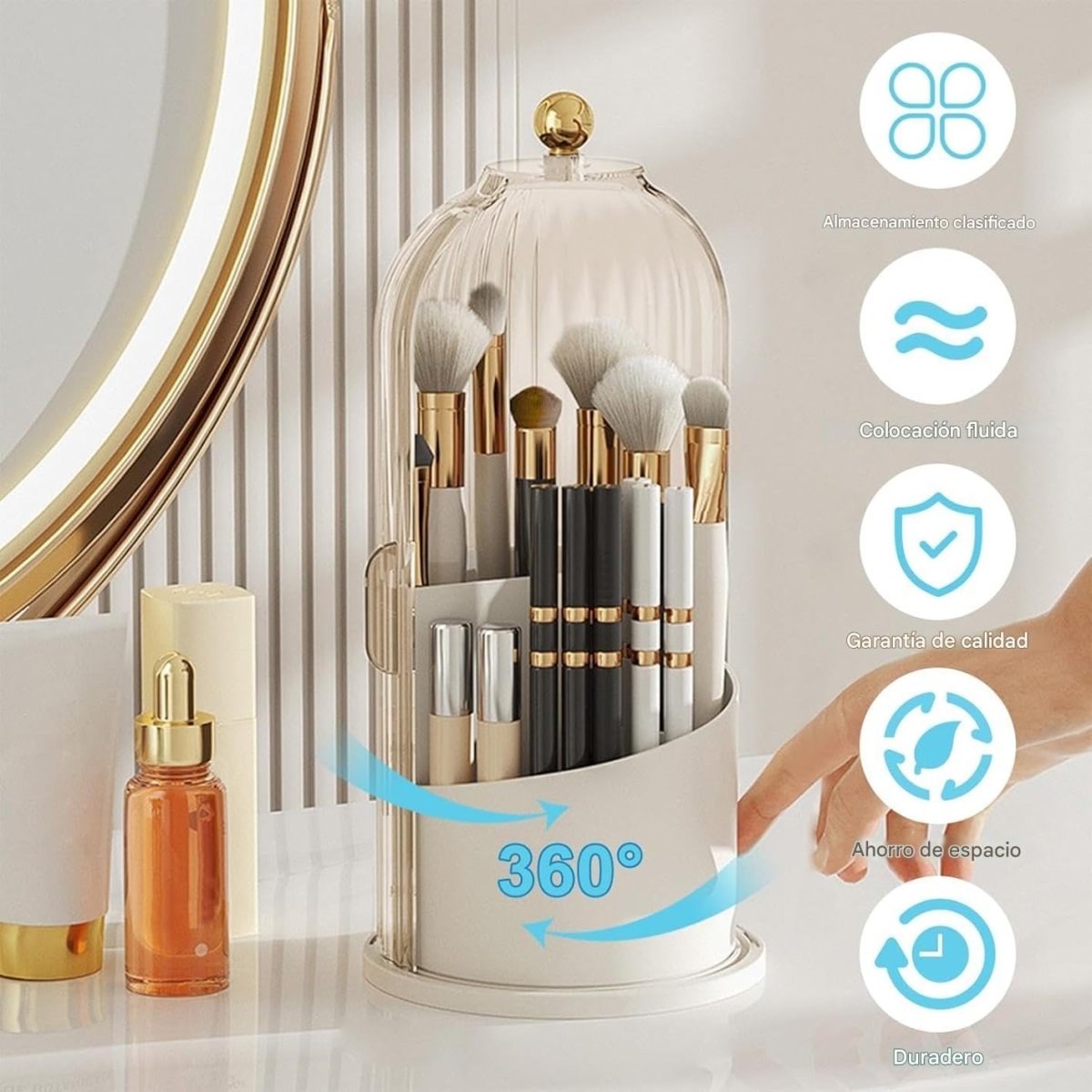360° Rotating Dustproof Makeup Brush Organizer | Luxury Crystal Spinning Brush Holder