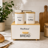 Wooden Bread Box And Tea Coffee Storage Set, Multipurpose Bread Storage Canister Set, Kitchen Bread Box Storage Set, Kitchen Counter Bread Box Organizer