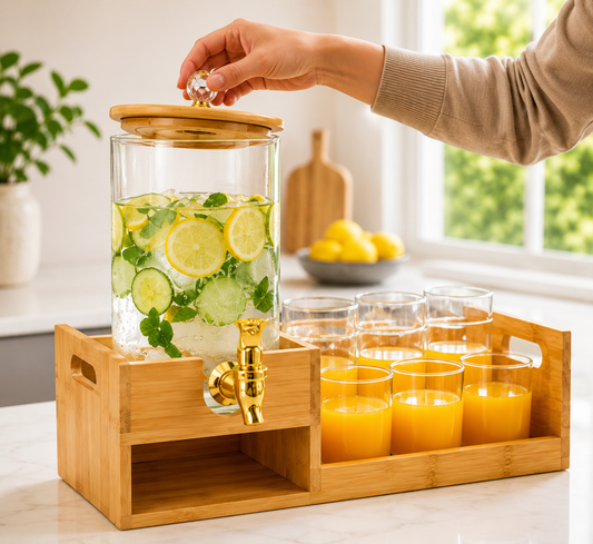 Tabletop Glass Beverage Dispenser with 6 Glass Cups, 2.2 Litres Glass Beverage Dispenser with Bamboo Stand, Bamboo Beverage Dispenser Station with Glasses