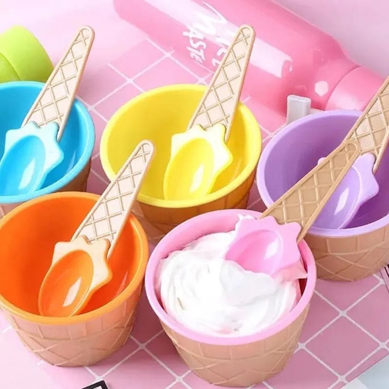 Set of 3 Cream Cups Set With Spoon, Daily Merchandise Plastic Bowl, DIY Ice Cone Dessert Bowl, Tableware Reusable Bowls Spoons Set