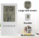 LCD Digital Alarm Clock Desk Pencil Pen Holder, Multi Function Pen Holder with Digital Time Clock, Perpetual Calendar Pen Holder