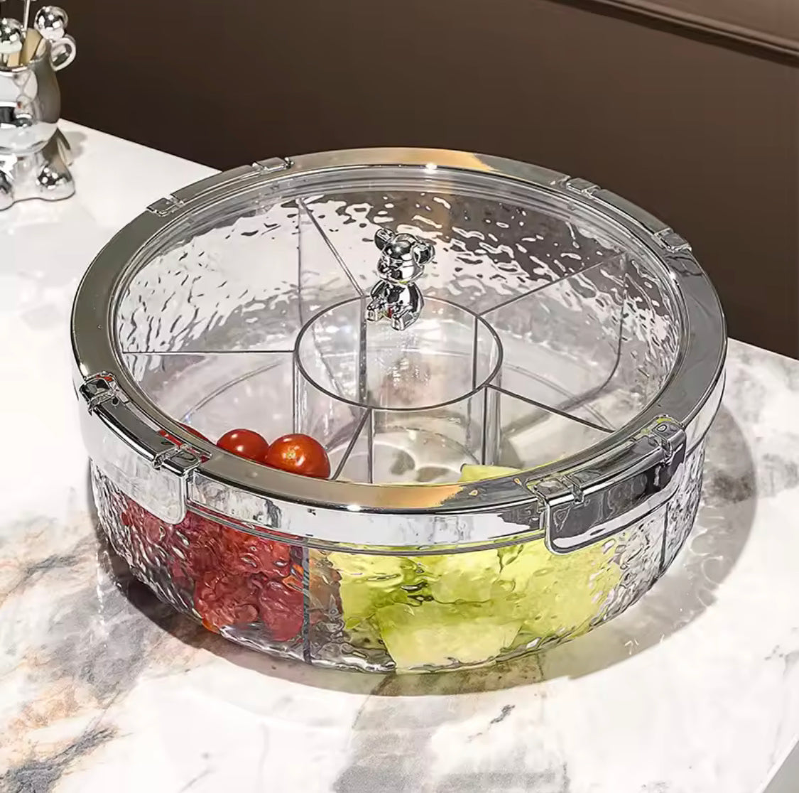 Luxury Sealed Snack Tray With Cover, Five Grid Multi Compartment Dry Fruit Tray, Round Snack Box With Lid, Rotating Serving Tray
