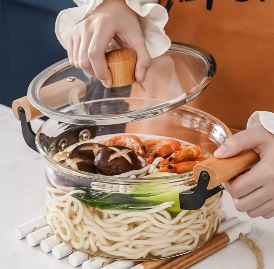 Transparent Cooking Pot With Wooden Handle, Heat Resistant  Glass Pot, Kitchen Cookware Pot